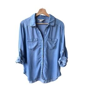 EV1 Top Blouse Chambray Light Wash Lyocell Roll Tab Button Down Casual Sz Large